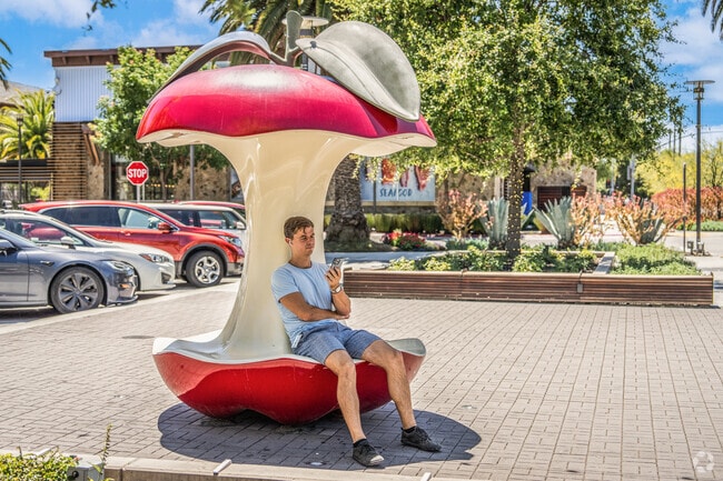 A man sits on an apple core bench in Downtown Cupertino while viewing his Apple iPhone.