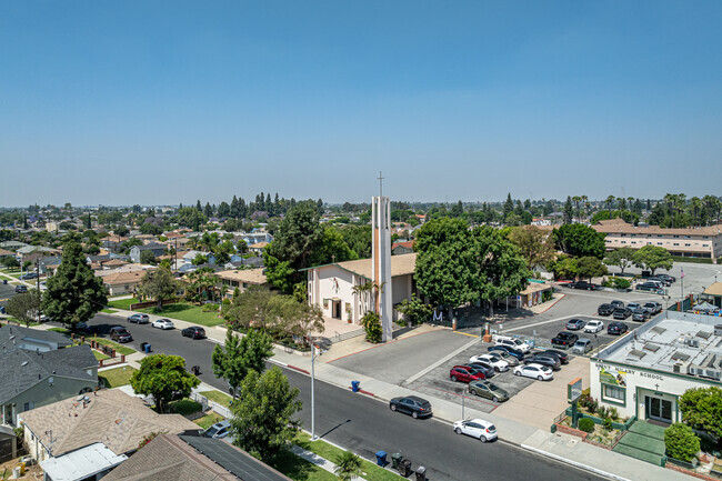 The chapel and entrance to the parking at St Hilary Elementary School in Pico Rivera.