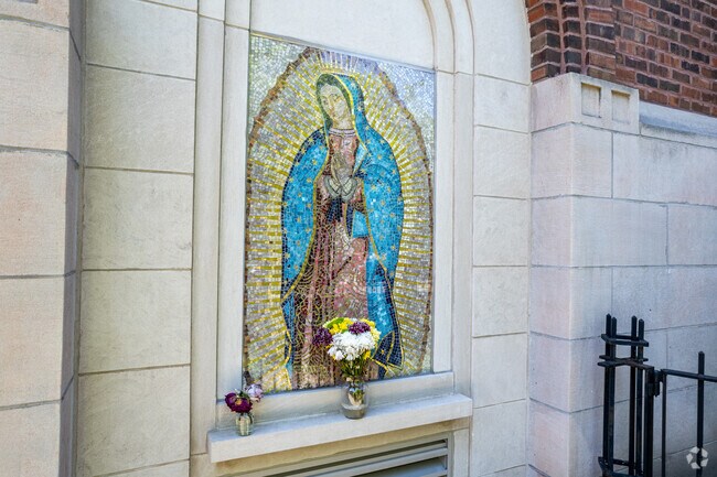 St. Mary of the Angels features several beautiful stain glass murals of religious figures.