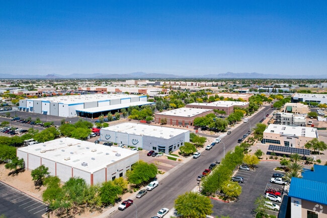 Business park with industrial buildings in Amberwood neighborhood