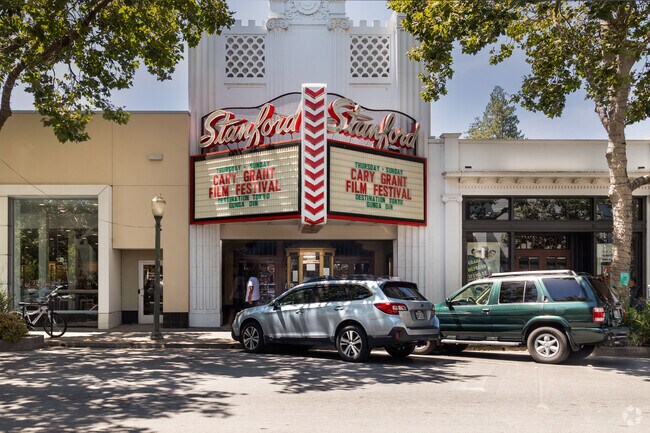 The entrance at Stanford Theatre is a nod to the past with its detailed architecture and vintage