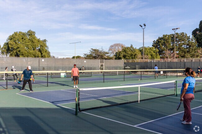 Foster City pickleball courts are always full on a sunny day.