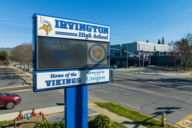 View of the Irvington High School sign located in Irvington, Fremont, CA.