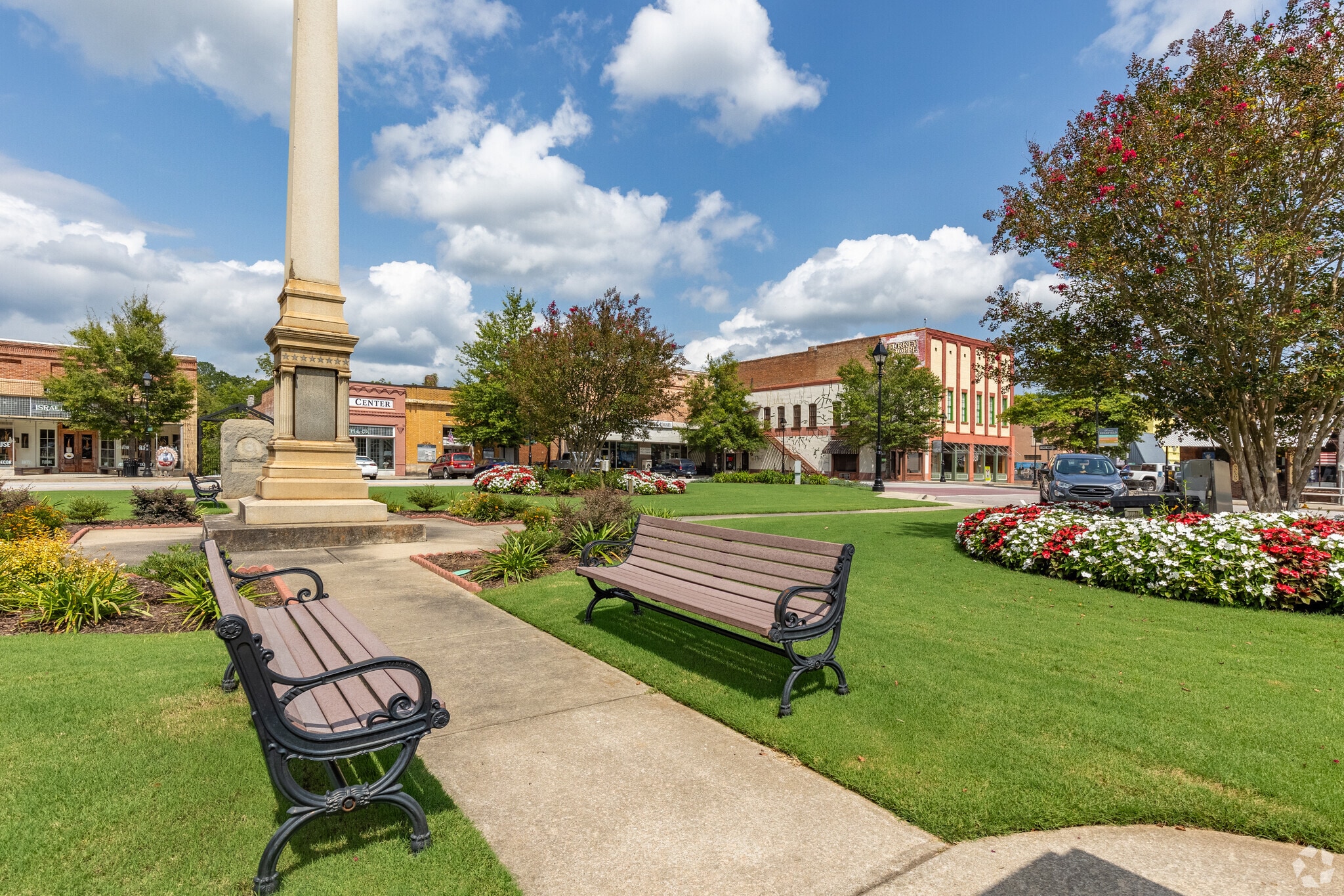 The Edgefield Town Square provides a great spot for relaxing and community events.