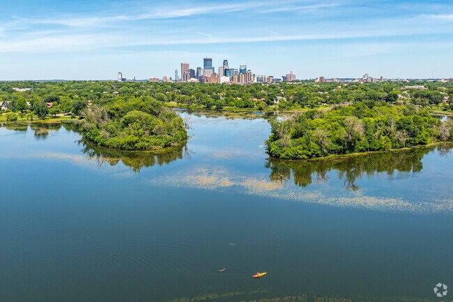 Lake of the Isles features beautiful views of the downtown Minneapolis skyline.
