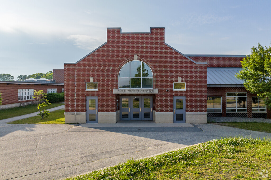 The main entrance to Cape Elizabeth Middle School welcomes students.