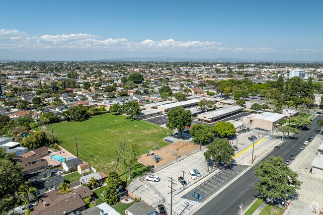 An aerial view of the pick up and drop off area at Ramona Elementary School in Bellflower.