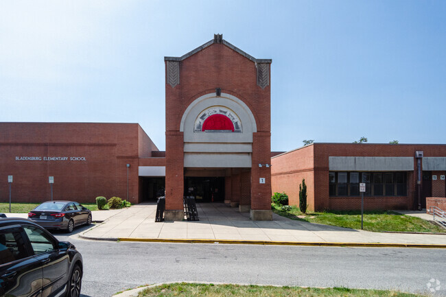 The front entrance of Bladensburg Elementary School in Bladensburg.