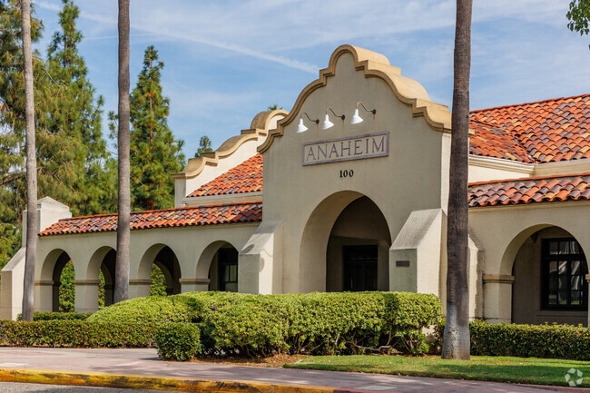 Historic train station building preserved as a landmark in Anaheim’s Colony district.