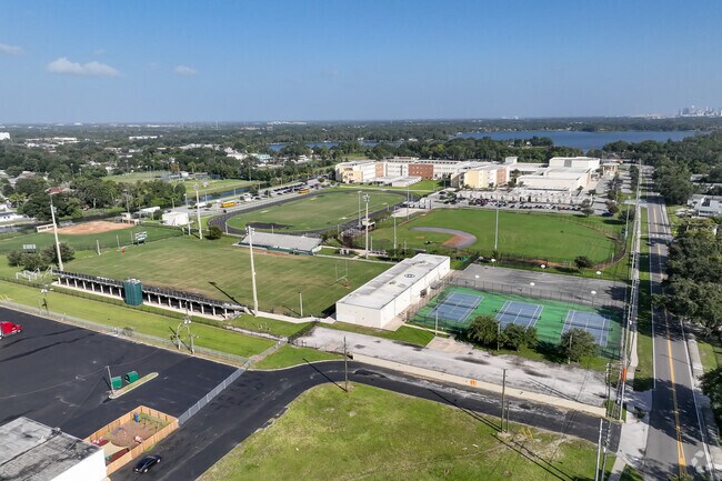 Amazing aerial, view of Oakridge basketball courts at Oak Ridge High School.