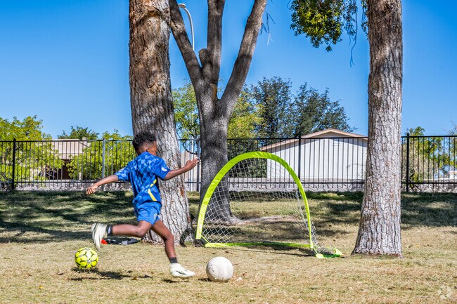 This young boy is practicing his soccer goals shots at Sagecrest Park.