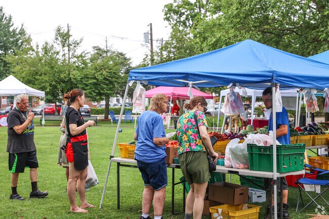 Residents line up to get a glimpse of new items at the Stoneham Farmers Market.