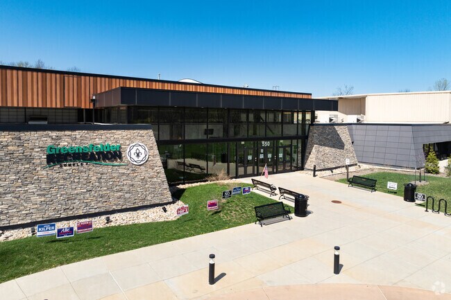 The modern entrance welcomes visitors to Greensfelder Recreation Complex in Manchester, MO.
