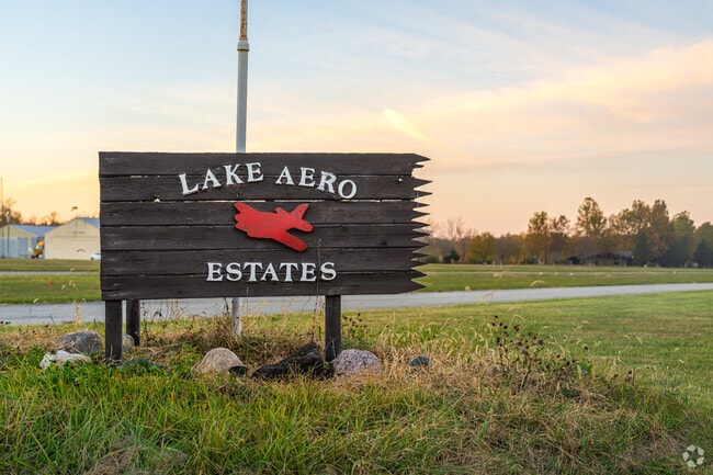 Within Lake Village, the Lake Aero Estates sign marks the community with private airstrip.