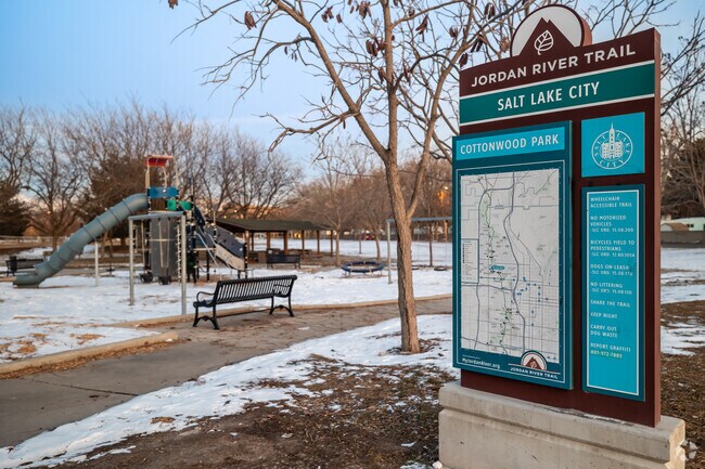 Jordan River Trail and Cottonwood Park signage in Fairpark.