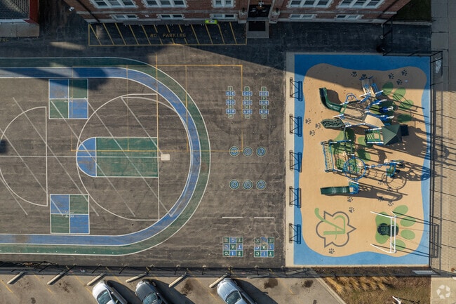 St. Anastasia School includes playground equipment and an outdoor play area.