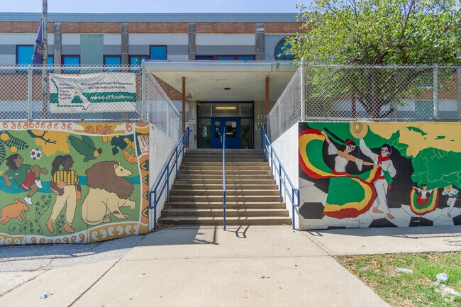 Main entry with mural painting at Whittier Elementary School.