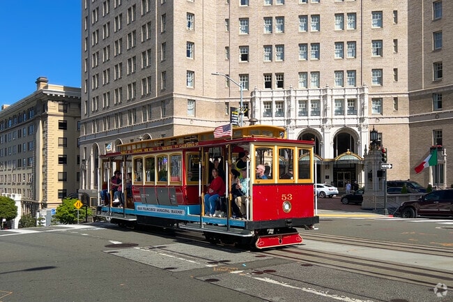 The famous cable cars bring riders to the top of Nob Hill in San Francisco.