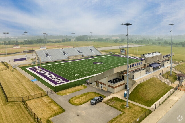 Merrillville High School football field with stands and press box, Schererville, IN.