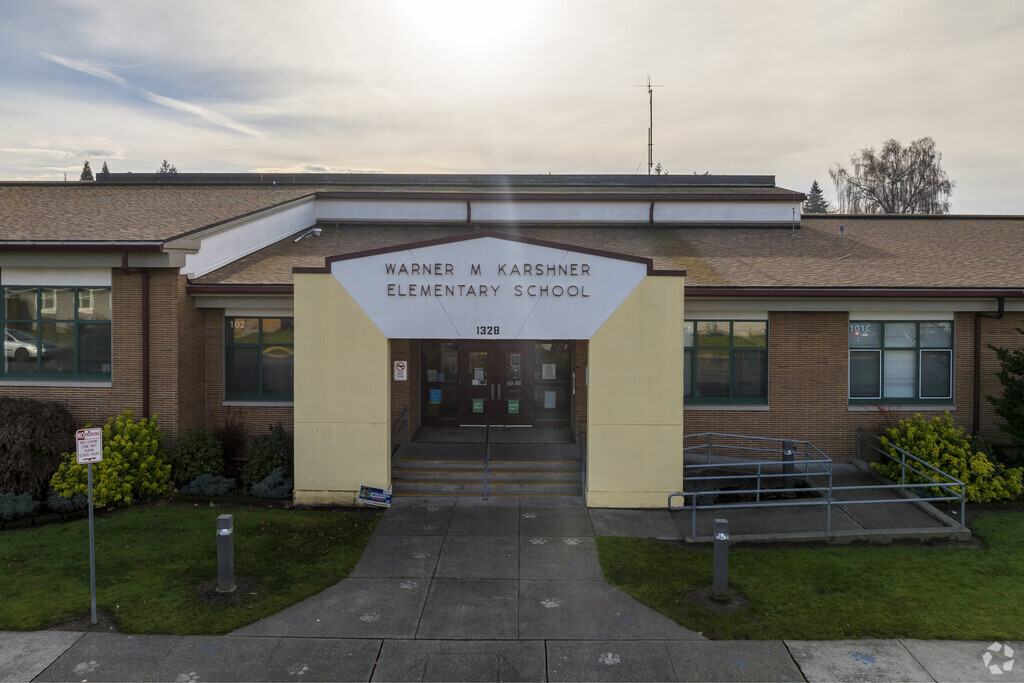 Karshner Elementary School sign over walkway into school.