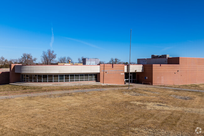 The school entrance at Meadow Community school in Thornton, Colorado.