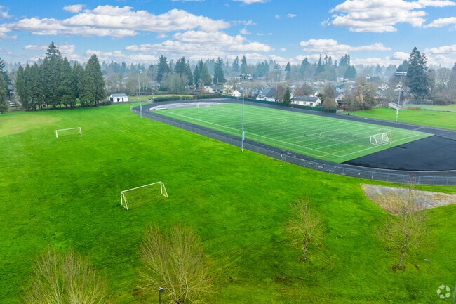 A large sports field and track area can be found at Madison Middle School in Eugene, Oregon.
