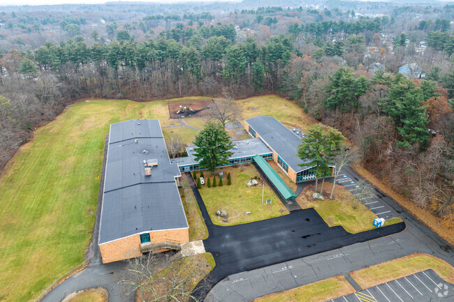 An aerial overview of the Pine Glen Elementary School in Burlington, MA.