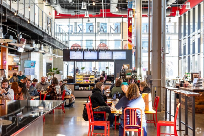 The Public Market in Lenexa City Center is packed with locals at lunchtime.