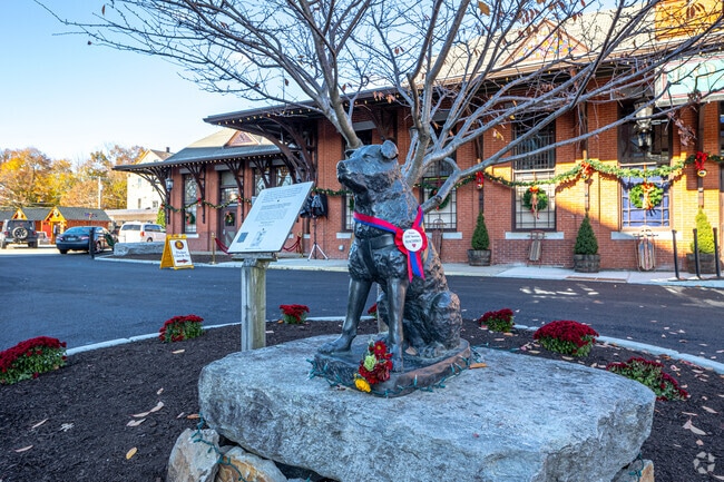 The statue of Hachiko stands in front of the Polar Express train station in Woonsocket, RI.