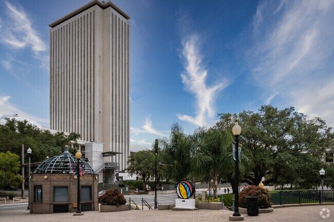 High-rise office buildings have views of the nearby walkways in Downtown Tallahassee, FL.