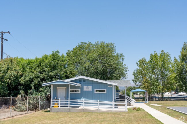 Blue classrooms are situated at the back of Blandford Elementary School in Rowland Heights, CA.