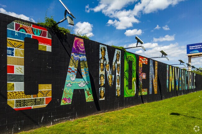 A vibrant wall mural dubbed the "Camden Invincible" wall in Cooper Grant.