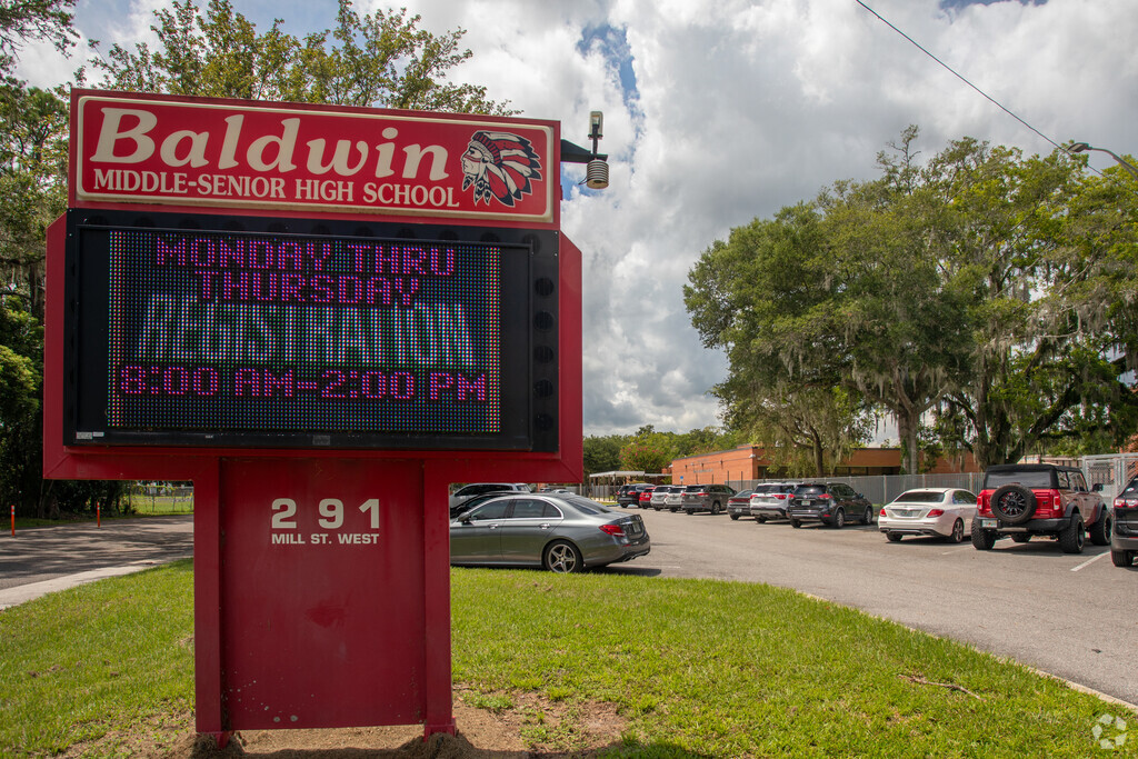 Baldwin Middle-Senior High School sign welcomes students, staff, and parents in Baldwin, FL.