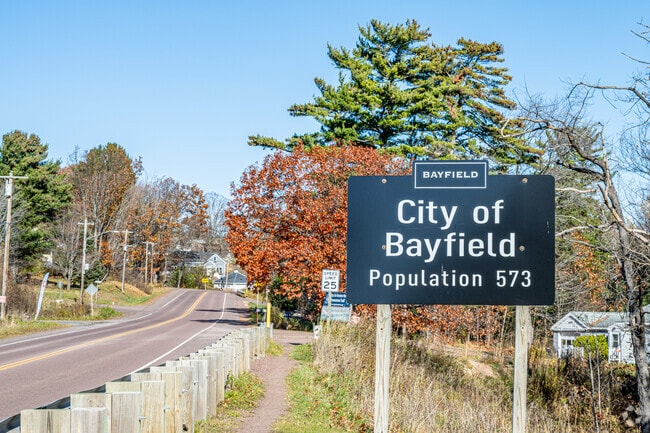 City of Bayfield sign marks the entrance to the lakeshore town.