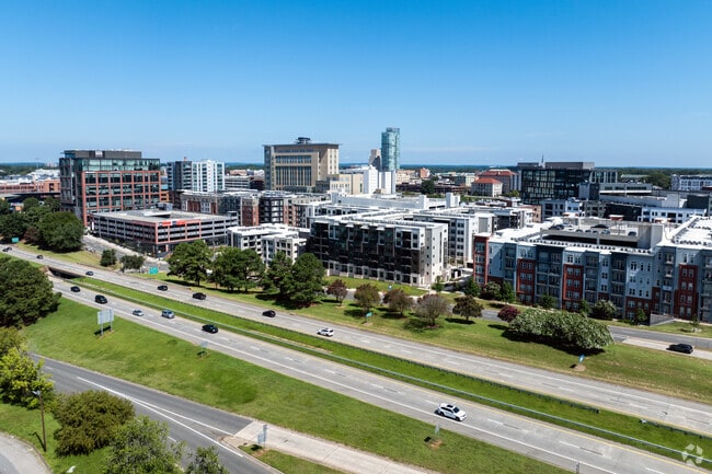 The Durham Freeway or 147, runs along the north side of the Hayti District.