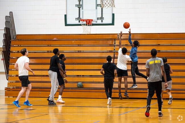 The basketball court in The Hawk community center is always ready for a game of hoops.