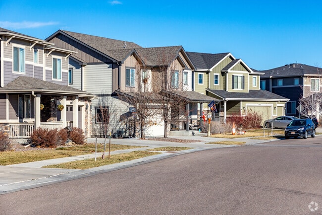 A quiet Buffalo Run neighborhood street is lined with modern Craftsman and contemporary two-story homes.