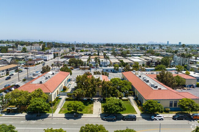 An aerial view of Palms Elementary School in Palms, CA shows its classrooms and blacktop.