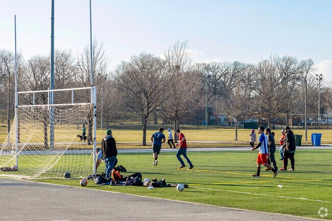 Riis Park in Belmont Central has a soccer field that is popular with locals.