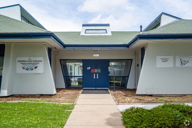 The entrance at Justice High Charter School in Lafayette, Colorado.