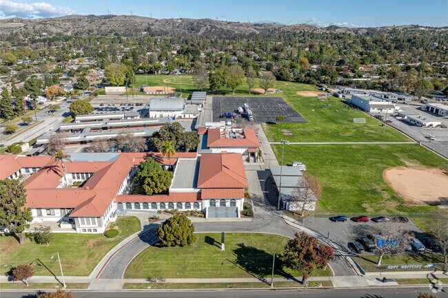 Aerial view of the front of East Whittier Middle School in Whittier