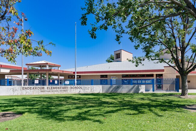 A large sign welcomes students to Endeavour Elementary School in Bakersfield.