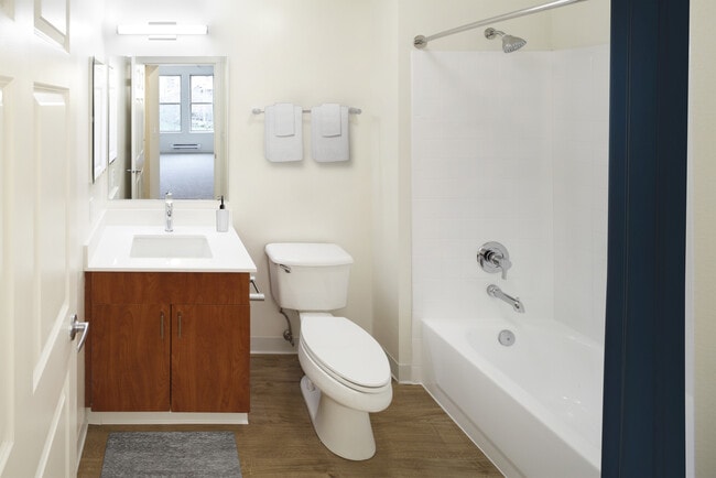 Renovated Package I bath with white quartz countertops, oak cabinetry, and hard surface flooring