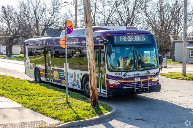 Bus stops along E University and E Grand connect Fairground with the rest of Des Moines.