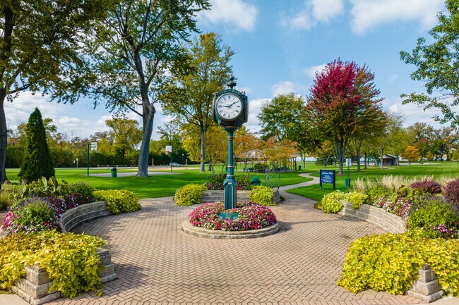 Lake Villa's Lehmann Park features a clock monument, fields, a playground, and a beach.
