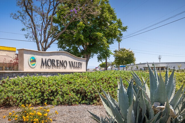 Moreno Valley sign surrounded by beautiful landscaping seen in the Edgemont neighborhood.