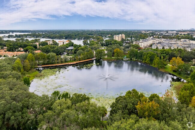A beautiful aerial view of Lake Lily park in Maitland.