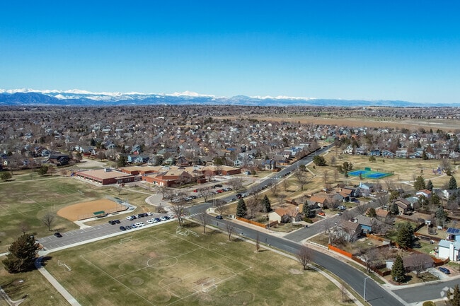 A view showing the various parks around Mountain View Elementary School in Broomfield, Colorado.