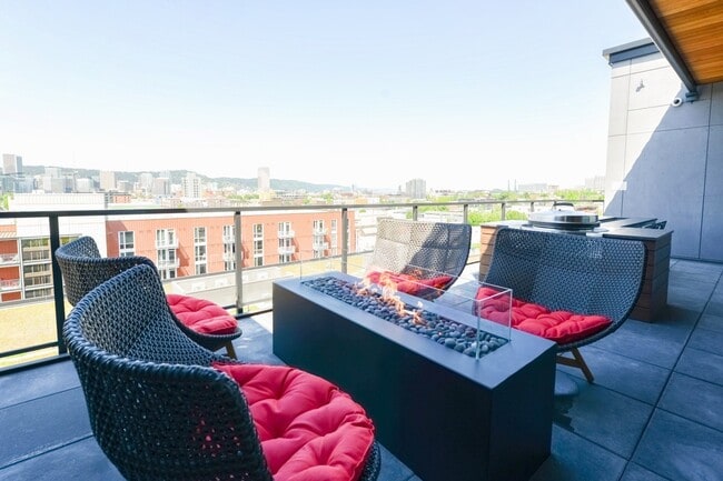 Rooftop terrace with cozy firepit and unobscured downtown Portland views