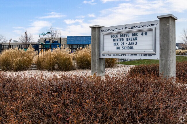 Concrete pillars hold a sign at Endeavor Elementary School in West Kaysville.
